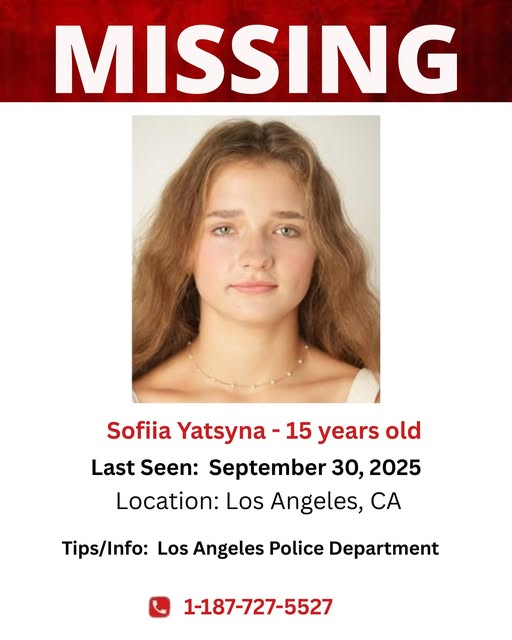 14-Year-Old Sofiia Yatsyna Missing in Los Angeles, California – Last Seen September 30, 2025